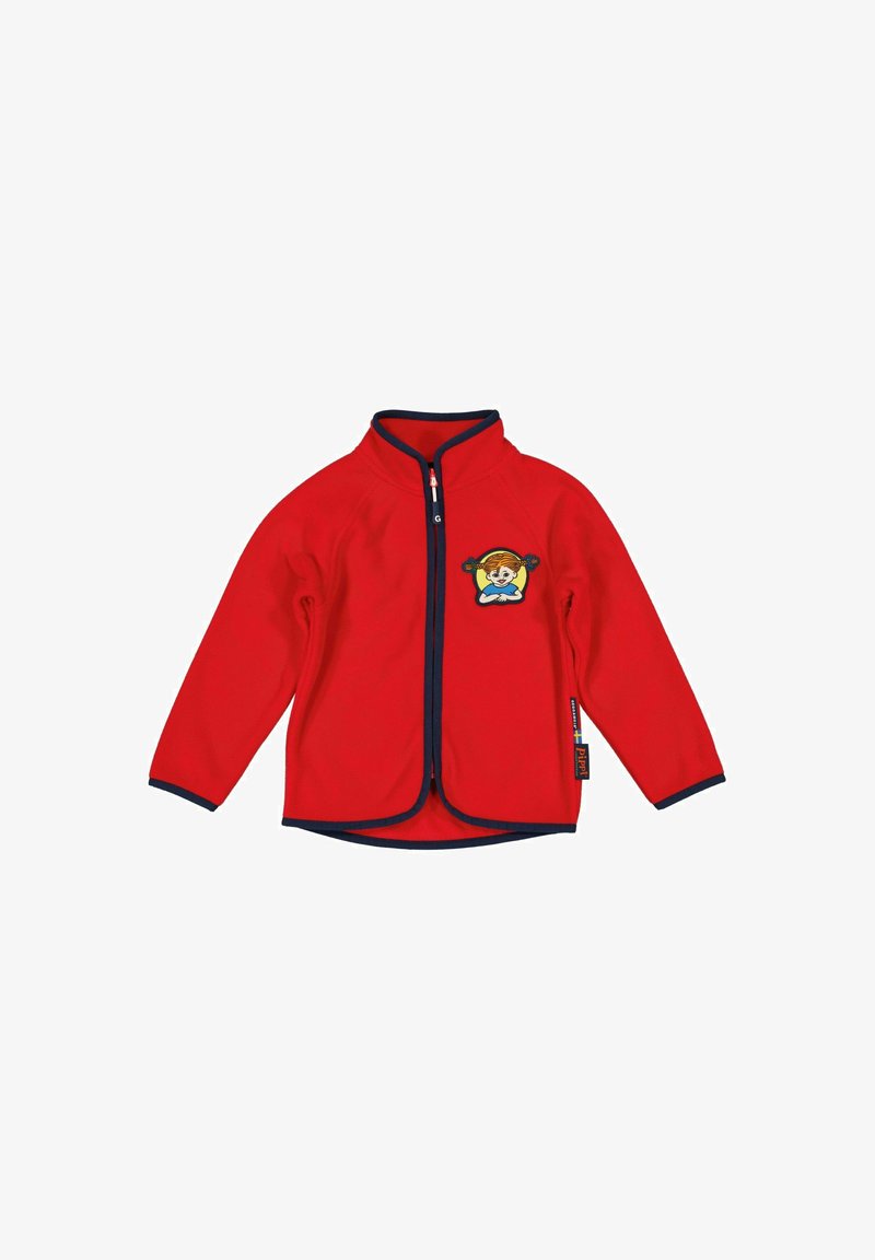 Rote Fleecejacke mit einem marineblauen Reißverschluss und Besatz. Besitzt ein buntes gesticktes Design eines Charakters auf der Brust. Lange Ärmel.