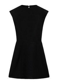 Robe noire avec un col montant et des manches courtes. Silhouette évasée, tissu texturé et une ouverture en forme de clé dans le dos avec une fermeture à bouton.