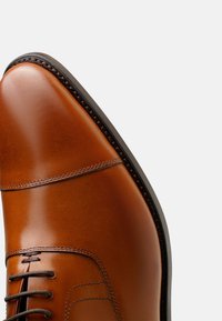 Braune Leder-Dressschuhe mit glatter Oberfläche, spitzem Zeh und detaillierter Naht. Mit dunkelbraunen Schnürsenkeln und einem subtilen, strukturierten Akzent.