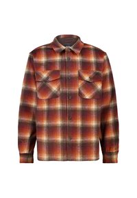 Camicia di flanella a quadri nei colori arancione, rosso e marrone; maniche lunghe, frontale con bottoni, due tasche sul petto, colletto arrotondato, texture morbida.