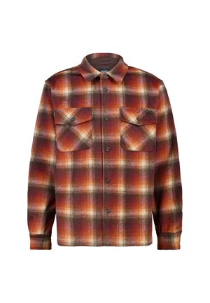 Flannel shirt in orange, red, and brown plaid pattern; long sleeves, buttoned front, two chest pockets, rounded collar, soft texture.