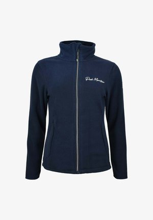 Marineblauwe fleecejas met een hoge kraag, volledige ritssluiting, zijzakken en een geborduurd logo op de borst. Zachte textuur en een aansluitend ontwerp.