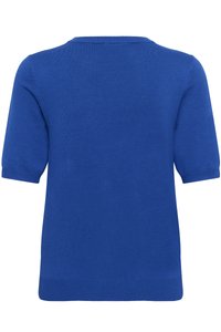 Pull bleu à manches courtes en maille avec un col rond et des poignets et un ourlet côtelés, vu de dos.