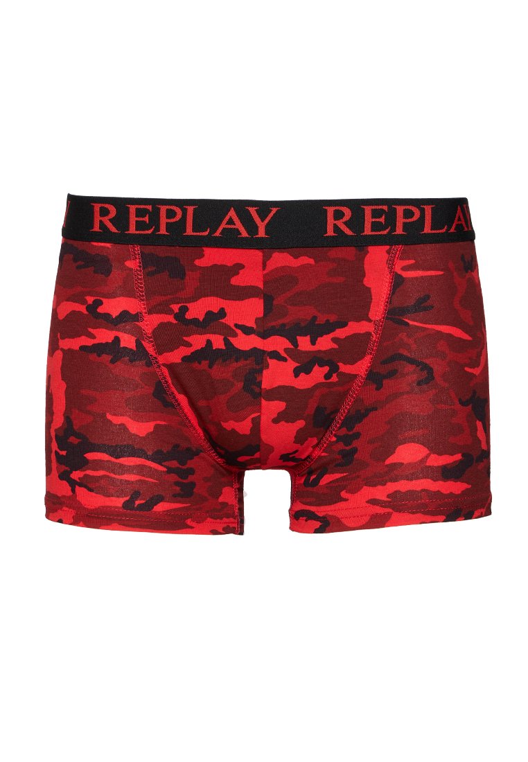 Rote und schwarze Tarnmuster Herren-Boxershorts mit schwarchem Bund und roten "REPLAY"-Markenzeichen.
