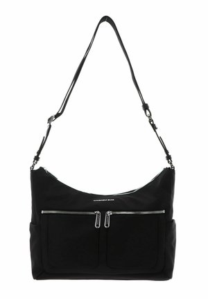Sac d'épaule noir avec bandoulière réglable, deux poches avant zippées et fermeture éclair supérieure, conçu pour un usage quotidien.