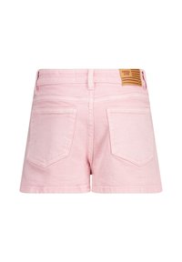 Pink denim shorts with a high waist, designed with two back pockets and a brown leather tag on the waistband featuring branding details.