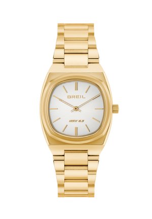 Guldtonet ur med en rektangulær messe, hvid tekstureret urskive og guld timemarkører. Metalarmbåndet har ensartede led og en spænde.