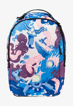Zaino con un design grafico colorato nei toni del blu e del rosa. Il materiale è sintetico, con illustrazioni fantasiose di varie forme e personaggi.