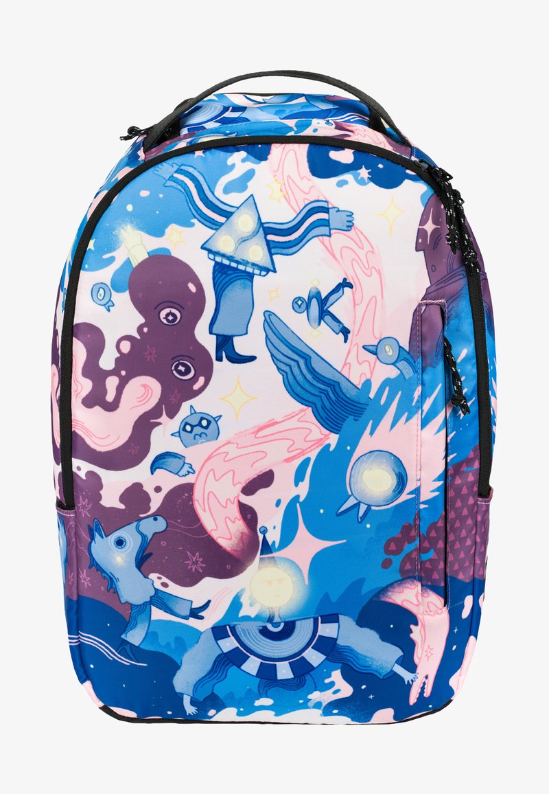 Zaino con un design grafico colorato nei toni del blu e del rosa. Il materiale è sintetico, con illustrazioni fantasiose di varie forme e personaggi.