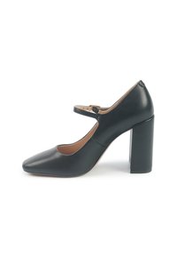 Black leather high heel shoe with a pointed toe, ankle strap, and square block heel. Smooth texture with minimal hardware details.