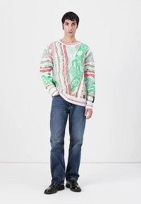 Pull en tricot vert, rose et blanc avec des motifs abstraits ; manches longues ; poignets et ourlet côtelés ; porté avec un jean en denim bleu et des chaussures noires.