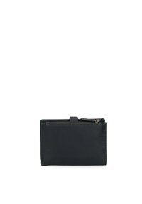 Black leather wallet with a smooth texture, zippered compartment on top, and a slim rectangular shape. Compact and minimalistic design.
