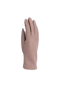 Guanto in suede marrone chiaro con una texture liscia, forma aderente e design a cinque dita, caratterizzato da cuciture sottili lungo le cuciture.