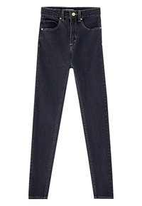 Tmavě modré skinny džíny vyrobené z denimu, s vysokým pasem, zlatým kováním na knoflíku, pěti kapsami a čistým zpracováním.