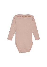 Långärmad ribbad bodysuit i mjuk rosa, med en scalloped krage detaljer bak och en åtsittande passform för komfort.