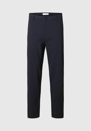 Navy trousers made of smooth cotton blend fabric, featuring a zip fly, button closure, and side pockets with a tailored fit.