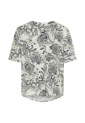 Weiße Kurzarmbluse mit schwarzem und hellgrünem Blumen-Paisley-Muster und kleinem V-förmigen Ausschnitt.