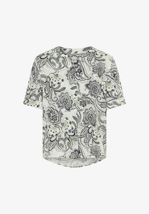 Blusa bianca a maniche corte con motivo floreale paisley nero e verde chiaro e piccolo scollo a V.