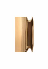 Beige leather handbag interior, featuring a zippered pocket, card slots, and smooth texture with clean stitching. Open design shows compartments.