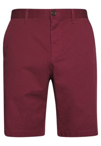 Pantaloni corti bordeaux in misto cotone, con taglio dritto, zip con chiusura a bottone e una texture liscia e opaca.