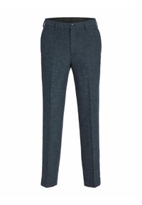 Dunkelblaue maßgeschneiderte Hose aus strukturiertem Material mit Knopfverschluss und vorderen Bügelfalten. Gerades Bein Design mit Taschen.