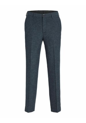Pantaloni negri albaștri, croiți, dintr-un material texturat, cu închidere prin buton și plii frontale. Design cu picior drept și buzunare.