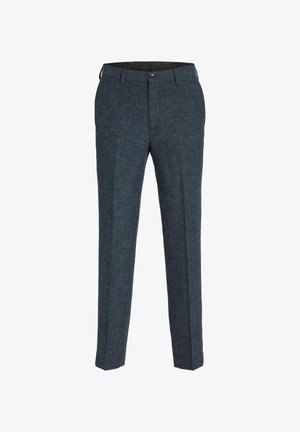 Dark blue tailored trousers with a textured fabric, featuring a button closure and front creases. Straight-leg design with pockets.