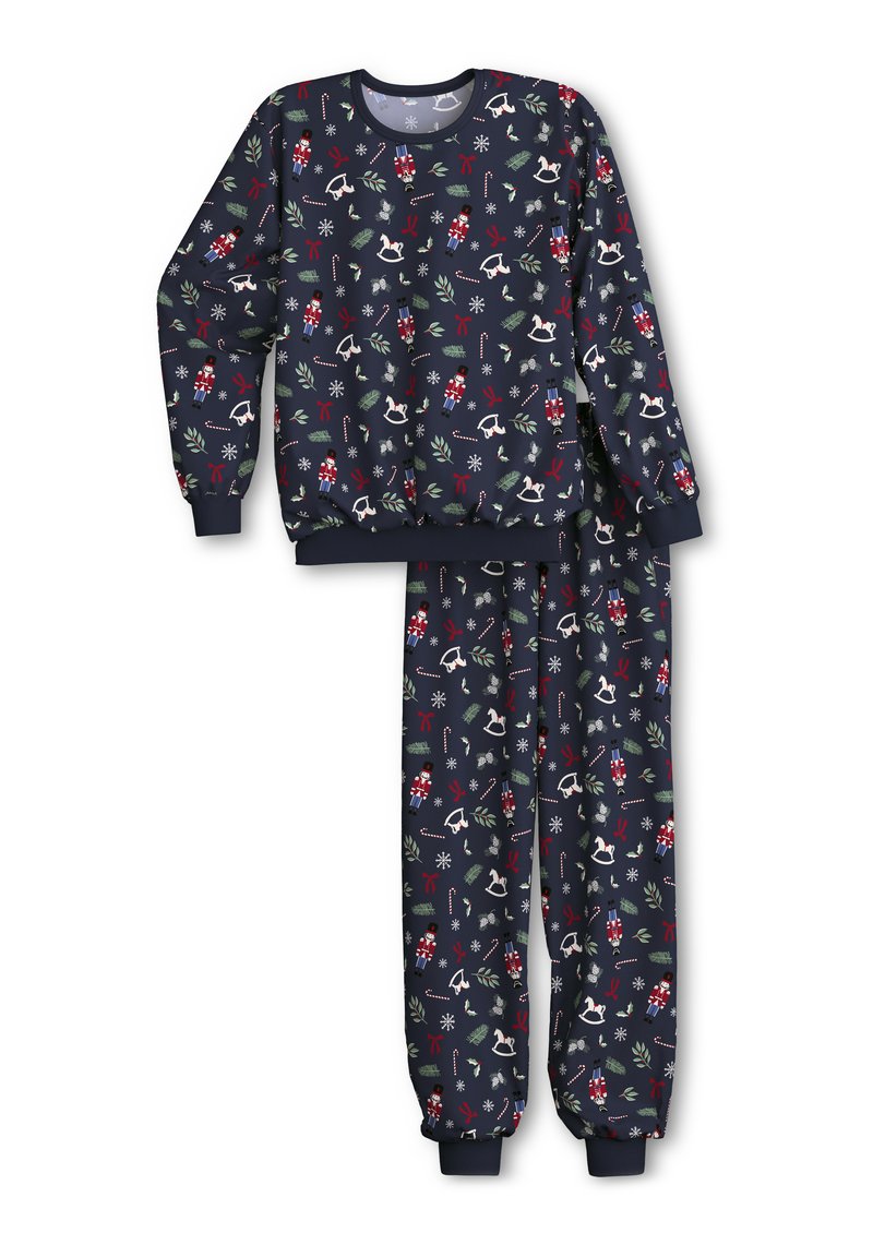 Marineblauwe twee-delige pyjama set met een feestelijk patroon van sneeuwvlokken, notenkrakers en groen. Zacht materiaal; elastische manchetten en tailleband.