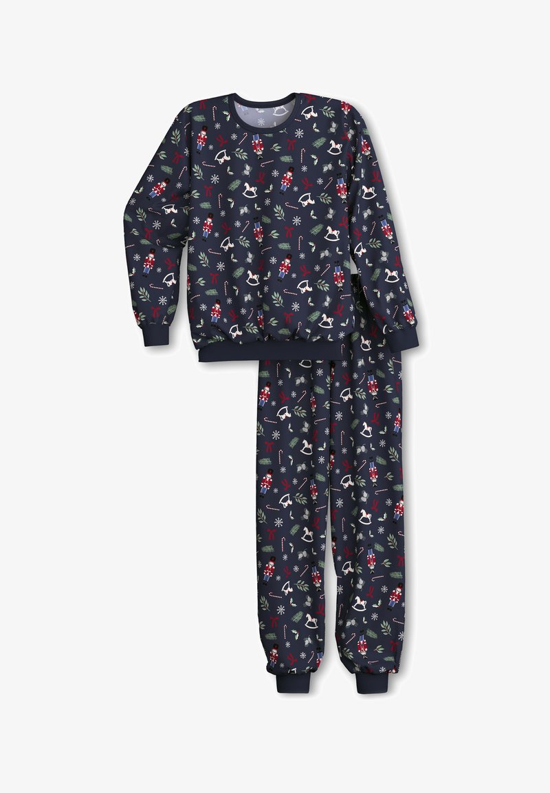 Navy two-piece pajama set with a holiday print featuring snowflakes, nutcrackers, and greenery. Soft fabric; elastic cuffs and waistband.