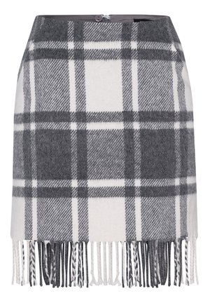 Jupe à carreaux grise et blanche avec un ourlet à franges et une fermeture par boutons à la taille, fabriquée en tissu tissé doux.