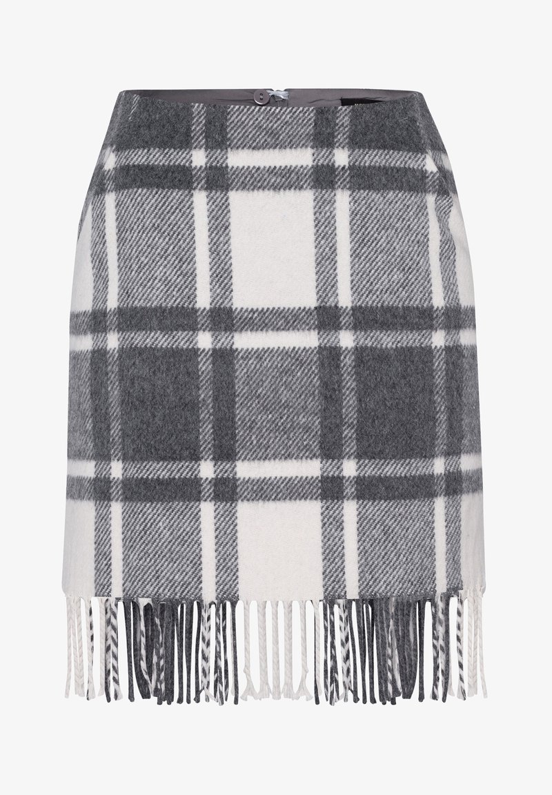 Jupe à carreaux grise et blanche avec un ourlet à franges et une fermeture par boutons à la taille, fabriquée en tissu tissé doux.