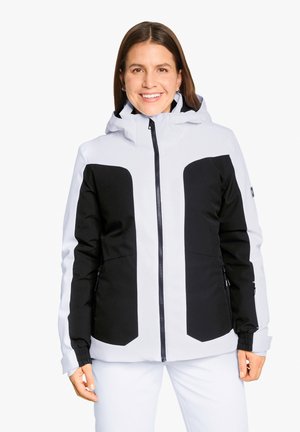 Weiße Schneejacke mit schwarzen Akzenten. Verfügt über eine Kapuze, einen Reißverschluss und elastische Manschetten. Zwei seitliche Taschen mit Reißverschlussschlitzen.