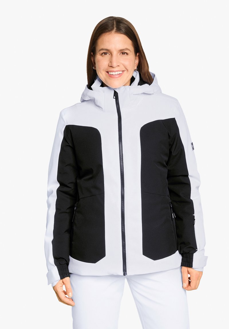 Weiße Schneejacke mit schwarzen Akzenten. Verfügt über eine Kapuze, einen Reißverschluss und elastische Manschetten. Zwei seitliche Taschen mit Reißverschlussschlitzen.