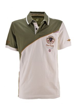 Polo con parte superiore verde e parte inferiore bianca, con un design diagonale. Include dettagli ricamati e collo.