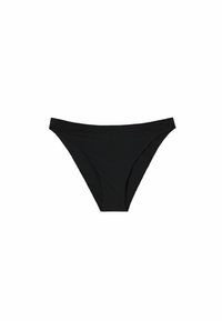 Black bikini bottom, made of smooth fabric, features a low-rise design with minimal coverage and seam detailing along the waist and legs.