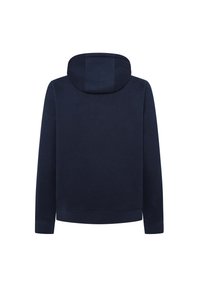 Marineblauwe hoodie met een relaxed fit, gemêleerde stof en een grote, verstelbare capuchon. Heeft lange mouwen en een rechte zoom.