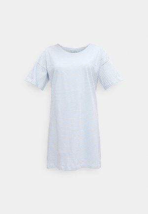 Short-sleeve, knee-length dress with light blue and white horizontal stripes and a round neckline on a plain background.