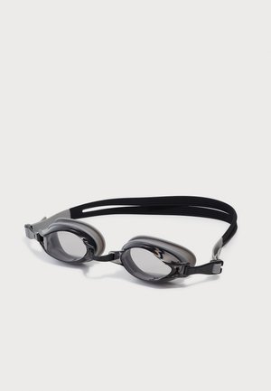 Swimming goggles with a black strap, gray tinted lenses, and soft silicone eye seals. Includes adjustable side clips for a secure fit.