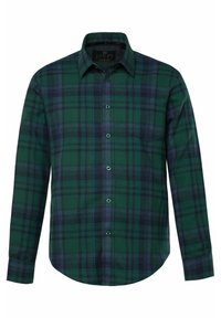 Camisa de cuadros verde y azul marino con mangas largas, cierre de botones en la parte delantera y cuello puntiagudo. Tejido suave con un acabado texturizado y dobladillo redondeado.