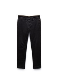 Chino neri con una superficie liscia, dotati di tasche frontali e chiusura con bottone. Design a gamba dritta senza motivi o dettagli visibili.