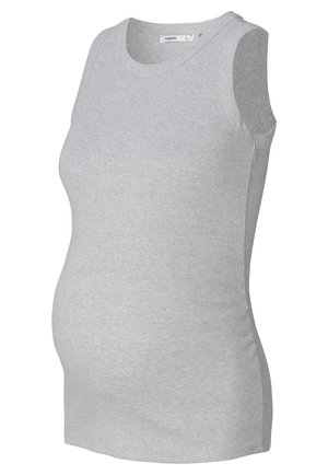 Grå, rippet, ærmeløs graviditetstop med rund halsudskæring og tætsiddende pasform, designet til at rumme en voksende mave.
