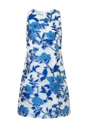 Mouwloze witte jurk met blauwe bloemrijke borduursels, ronde hals en lengte boven de knie.