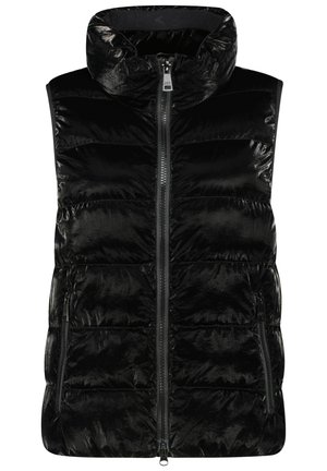 Sort skinnende quiltet ærmeløs dunvest med høj krave og frontlynlås, udstyret med to lynlåslommer i siderne.