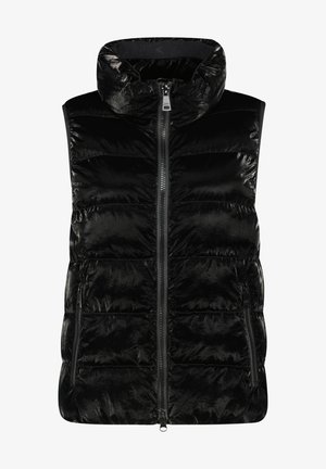 Sort skinnende quiltet ærmeløs dunvest med høj krave og frontlynlås, udstyret med to lynlåslommer i siderne.