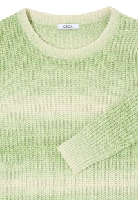 Pull en tricot vert clair avec un col rond et un motif texturé. Présente un dégradé de couleur progressif du vert clair au crème.