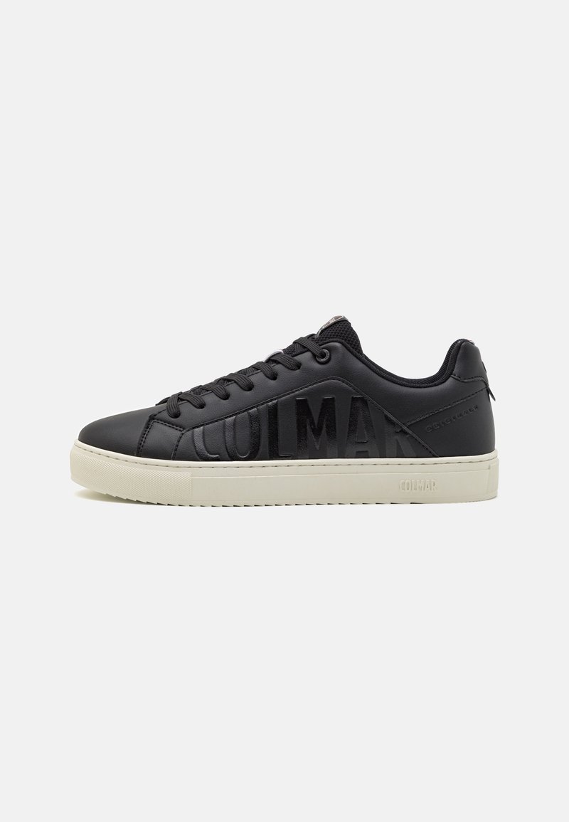 Black leather sneaker with prominent "COLMAR" logo, round toe, textured accents, lace-up closure, and contrasting white sole.