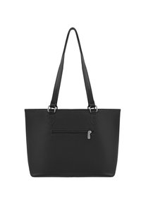 Sac fourre-tout en cuir noir avec une finition texturée, deux poignées et une poche zippée à l'avant. Accents en métal argenté. Forme rectangulaire simple.
