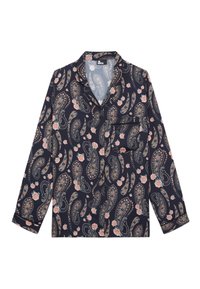 Camicia blu navy a fantasia con design paisley e floreali, maniche lunghe, colletto, taschino anteriore e una texture di tessuto morbida e liscia.