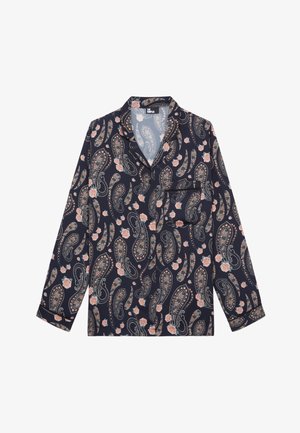 Námorně modrá košile s vzorem paisley a květinovými motivy, dlouhé rukávy, límec, přední kapsa a měkká, hladká textilie.