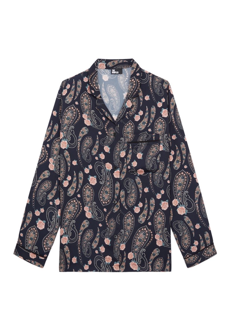 Camicia blu navy a fantasia con design paisley e floreali, maniche lunghe, colletto, taschino anteriore e una texture di tessuto morbida e liscia.